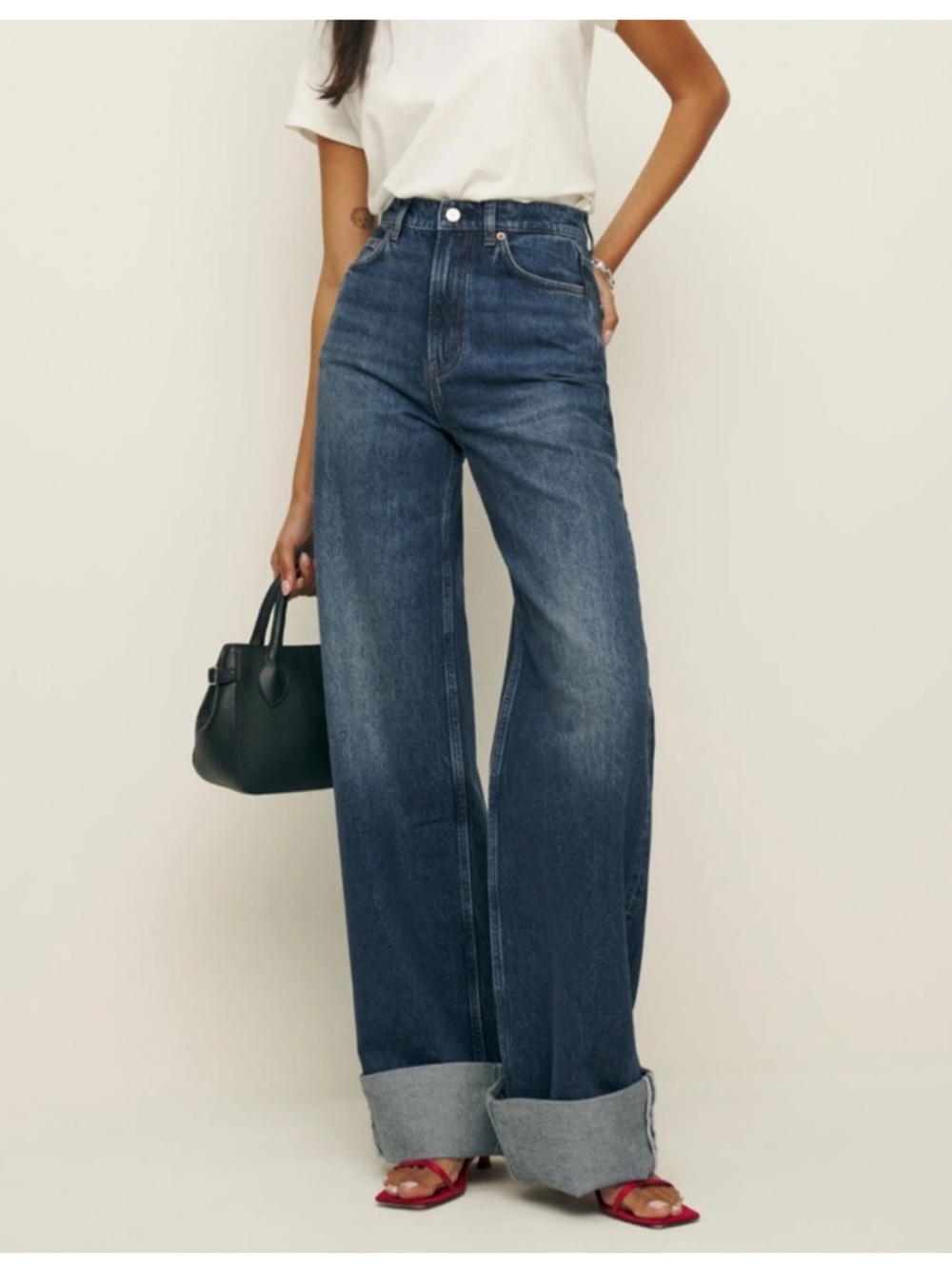 Reformation Cary Cuffed High Rise Slouchy Wide Leg Jeans Blue - Size 25